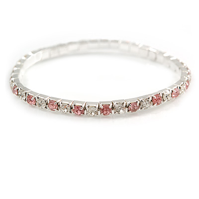 Slim Pink/ Clear Crystal Flex Bracelet In Silver Tone Metal - up to 17cm L - For Small Wrist
