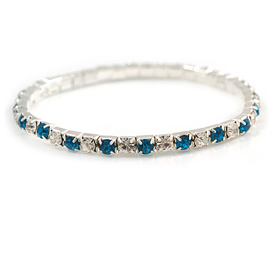 Slim Teal/ Clear Crystal Flex Bracelet In Silver Tone Metal - up to 17cm L - For Small Wrist - main view