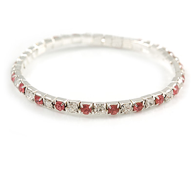Slim Fuchsia Pink/ Clear Crystal Flex Bracelet In Silver Tone Metal - up to 17cm L - For Small Wrist - main view