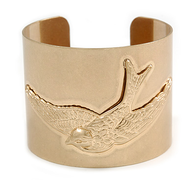 Wide Brushed Gold With Swallow Bird Cuff Bangle Bracelet - 20cm Long - main view