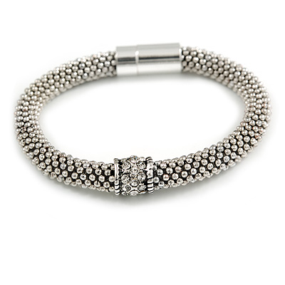 Vintage Inspired Snowflake Bead with Crystal Ring Magnetic Bracelet in Aged Silver Tone - 17cm Long - main view