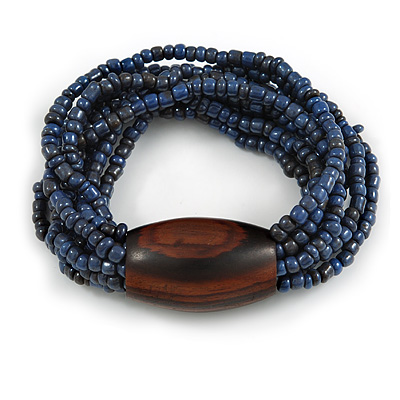 Multistrand Denim Blue Glass Bead with Brown Wooden Bead Flex Bracelet - Medium - main view
