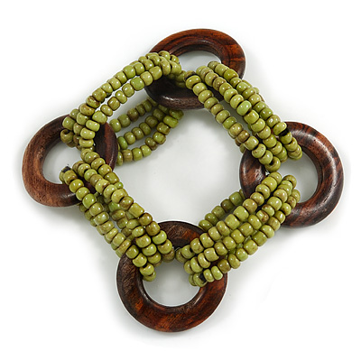 Multistrand Dusty Lime Green Glass Bead with Wooden Rings Flex Bracelet - Medium - main view