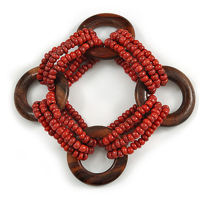Multistrand Red-Brown Glass Bead with Wooden Rings Flex Bracelet - Medium - main view