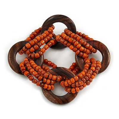 Multistrand Dusty Orange Glass Bead with Wooden Rings Flex Bracelet - Medium - main view
