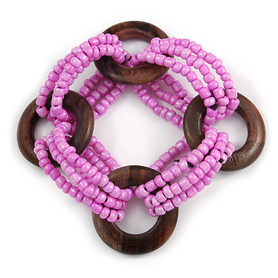 Multistrand Pearlized Pink Glass Bead with Wooden Rings Flex Bracelet - Medium - main view