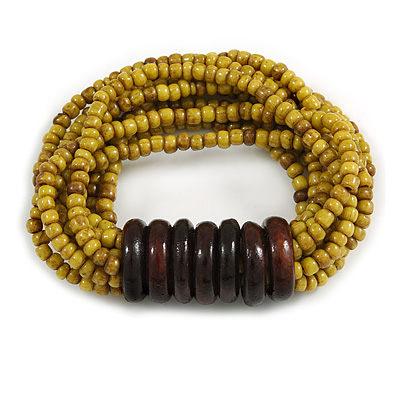 Multistrand Dusty Yellow Glass Bead with Wooden Rings Flex Bracelet - Medium - main view