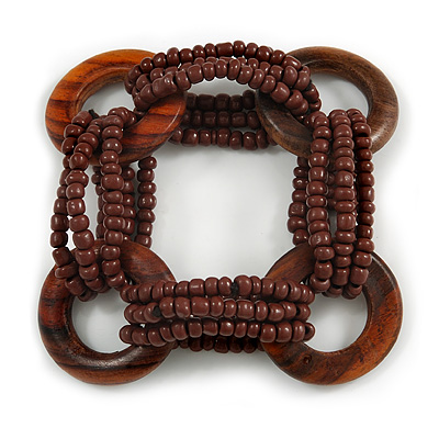 Multistrand Brown Glass Bead with Wooden Rings Flex Bracelet - Medium - main view