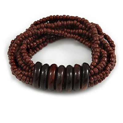Multistrand Brown Glass Bead with Wooden Rings Flex Bracelet - Medium - main view
