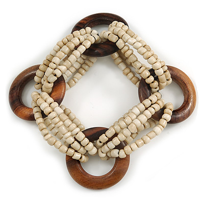 Multistrand Antique White Glass Bead with Wooden Rings Flex Bracelet - Medium - main view