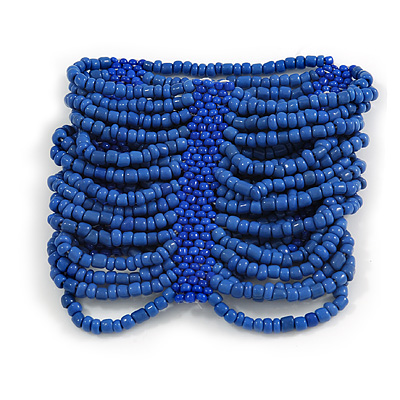 Wide Blue Glass Bead Flex Bracelet - Large - up to 22cm wrist - main view