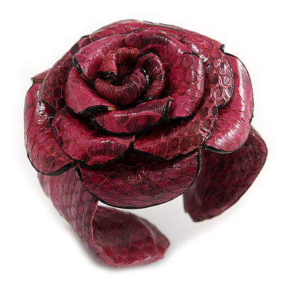 Statement Pink Snake Print Leather Rose Flower Flex Cuff Bangle Bracelet - Adjustable