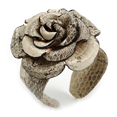 Statement Off White/ Grey Snake Print Leather Rose Flower Flex Cuff Bangle Bracelet - Adjustable - main view