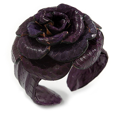 Statement Deep Purple Snake Print Leather Rose Flower Flex Cuff Bangle Bracelet - Adjustable
