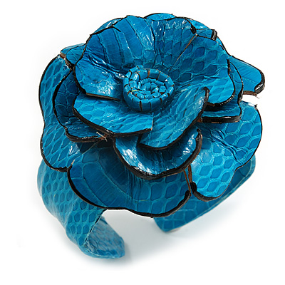 Statement Turquoise Snake Print Leather Flower Flex Cuff Bangle Bracelet - Adjustable - main view