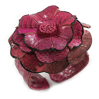 Statement Fuchsia Pink Snake Print Leather Flower Flex Cuff Bangle Bracelet - Adjustable - main view