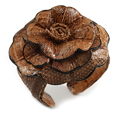 Statement Taupe Brown Snake Print Leather Flower Flex Cuff Bangle Bracelet - Adjustable - main view