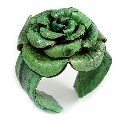 Statement Green Snake Print Leather Rose Flower Flex Cuff Bangle Bracelet - Adjustable
