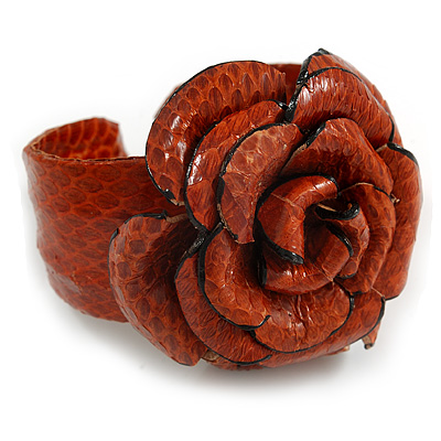 Statement Orange Snake Print Leather Rose Flower Flex Cuff Bangle Bracelet - Adjustable