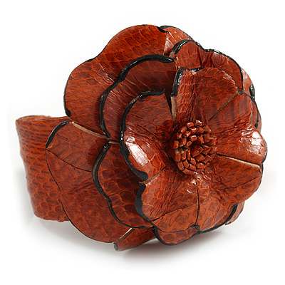 Statement Orange Snake Print Leather Flower Flex Cuff Bangle Bracelet - Adjustable - main view