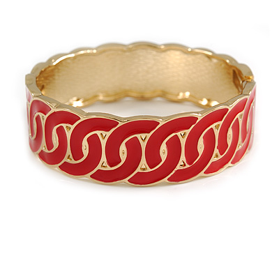 Red Enamel Interlocked Link Round Hinged Bangle Bracelet In Gold Tone - 19cm L - main view