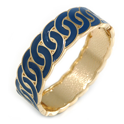 Blue Enamel Interlocked Link Round Hinged Bangle Bracelet In Gold Tone - 19cm L - main view