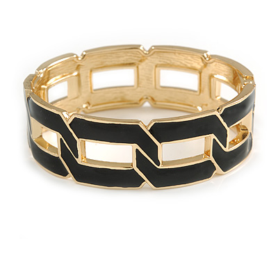 Jet Black Enamel Link Oval Hinged Bangle Bracelet In Gold Tone - 18cm Long