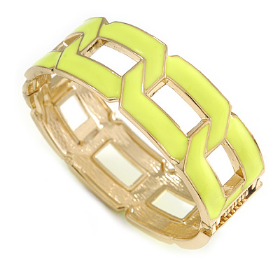 Neon Yellow Enamel Link Oval Hinged Bangle Bracelet In Gold Tone - 18cm Long - main view