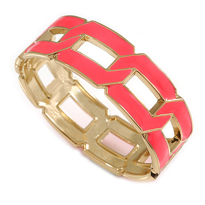Neon Pink Enamel Link Oval Hinged Bangle Bracelet In Gold Tone - 18cm Long - main view