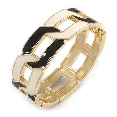 Black/ Cream Enamel Link Oval Hinged Bangle Bracelet In Gold Tone - 18cm Long - main view
