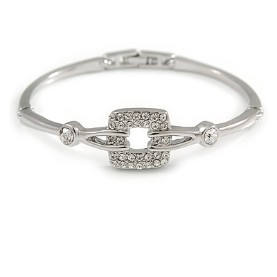 Stylish Diamante 'Buckle' Bracelet In Rhodium Plated Metal - 17cm Length