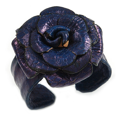 Statement Blue Purple Snake Print Leather Rose Flower Flex Cuff Bangle Bracelet - Adjustable - main view