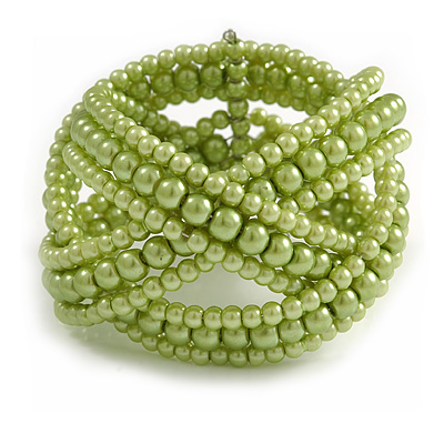 Wide Light Green Glass Bead Plaited Flex Cuff Bracelet - Adjustable - main view