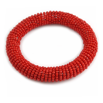 Red Glass Bead Roll Stretch Bracelet - Adjustable - main view