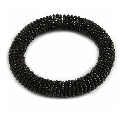 Black Glass Bead Roll Stretch Bracelet - Adjustable - main view