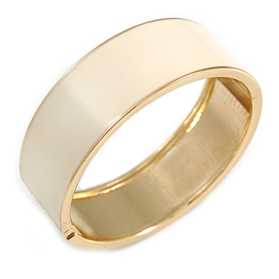 Round Off White Enamel Hinged Bangle Bracelet in Gold Tone Metal - 20cm Long/ 60mm Diameter - main view