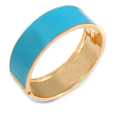 Round Light Blue Enamel Hinged Bangle Bracelet in Gold Tone Metal - 20cm Long/ 60mm Diameter
