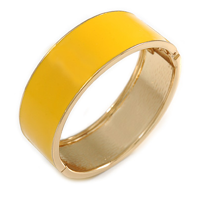 Round Banana Yellow Enamel Hinged Bangle Bracelet in Gold Tone Metal - 20cm Long/ 60mm Diameter - main view