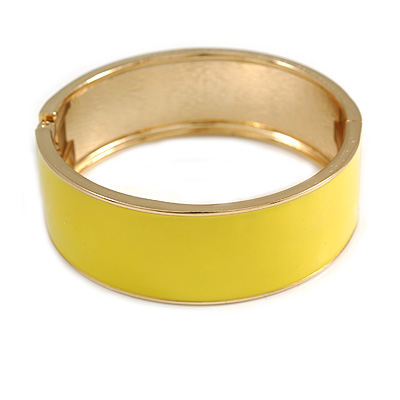 Round Lemon Yellow Enamel Hinged Bangle Bracelet in Gold Tone Metal - 20cm Long/ 60mm Diameter - main view