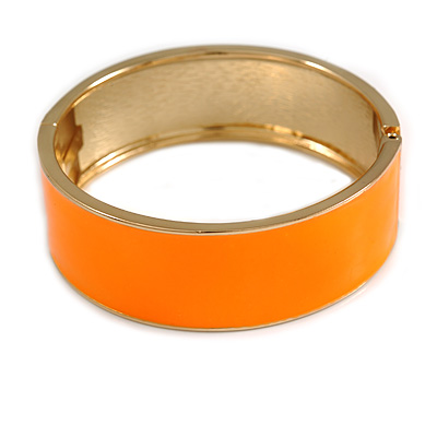 Round Bright Orange Enamel Hinged Bangle Bracelet in Gold Tone Metal - 20cm Long/ 60mm Diameter - main view