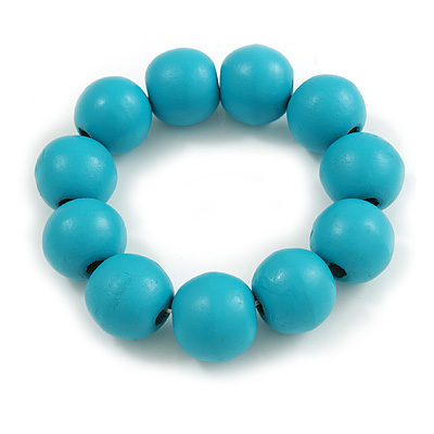 Pastel Teal Blue Round Bead Wood Flex Bracelet - 19cm Long - main view