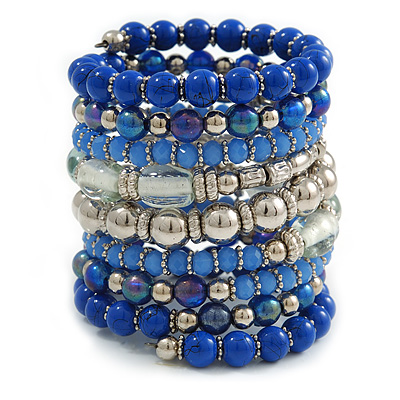 Wide Coiled Ceramic, Acrylic, Glass Bead Bracelet (Blue, Silver, Transparent) - Adjustable - main view