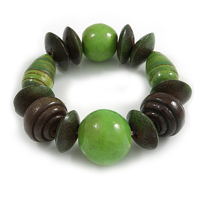 Statement Chunky Wood Bead Flex Bracelet in Lime Green/ Dark Green - Medium - main view