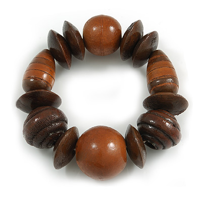 Statement Chunky Wood Bead Flex Bracelet in Brown - Medium - main view