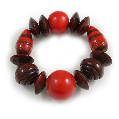 Statement Chunky Wood Bead Flex Bracelet in Red/ Brown - Medium - main view