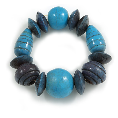 Statement Chunky Wood Bead Flex Bracelet in Dyed Blue/ Light Blue - Medium - main view