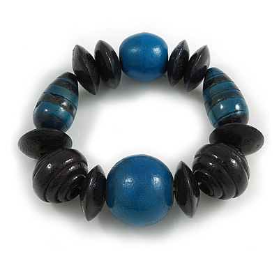 Statement Chunky Wood Bead Flex Bracelet in Teal Blue/ Dark Blue - Medium