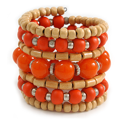 Wide Coiled Ceramic, Acrylic, Wood Bead Bracelet (Orange, Natural) - Adjustable - main view