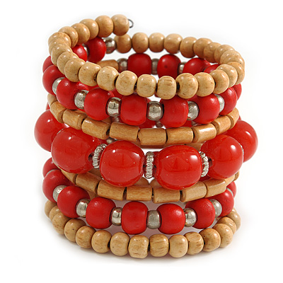 Wide Coiled Ceramic, Acrylic, Wood Bead Bracelet (Brick Red, Natural) - Adjustable - main view