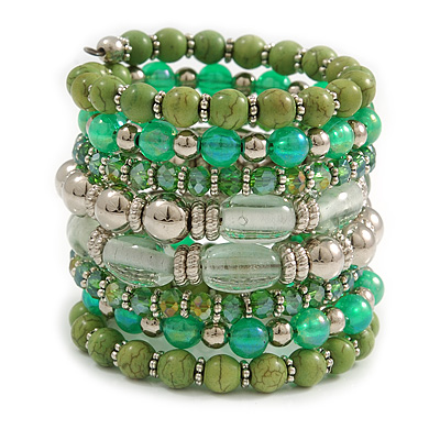 Wide Coiled Ceramic, Acrylic, Glass Bead Bracelet (Green, Lime, Transparent) - Adjustable - main view
